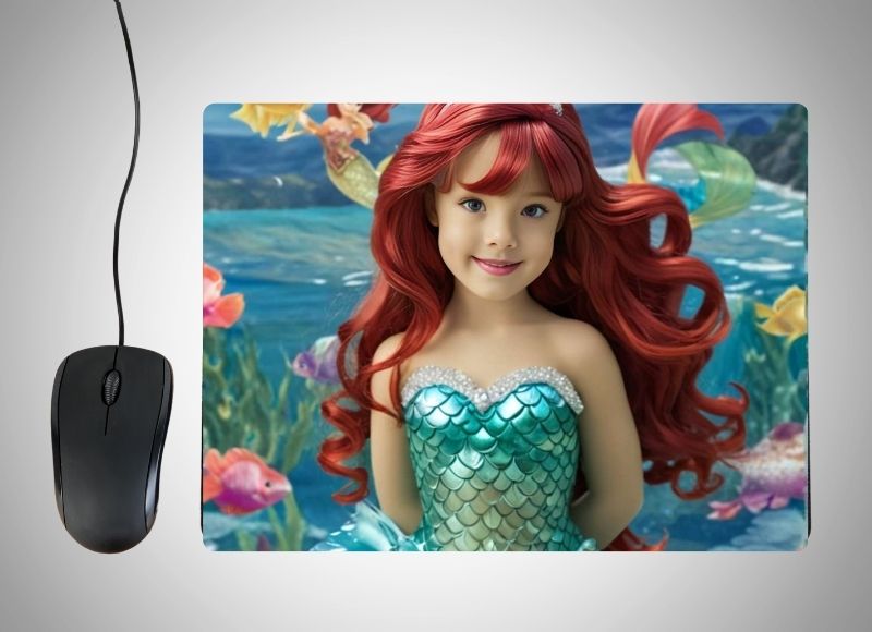 Example of how to upload a girl's photo to create a personalized Mermaid portrait on a mouse mat featuring her as a beautiful mermaid, swimming through a colorful coral reef with sparkling fish and seashells