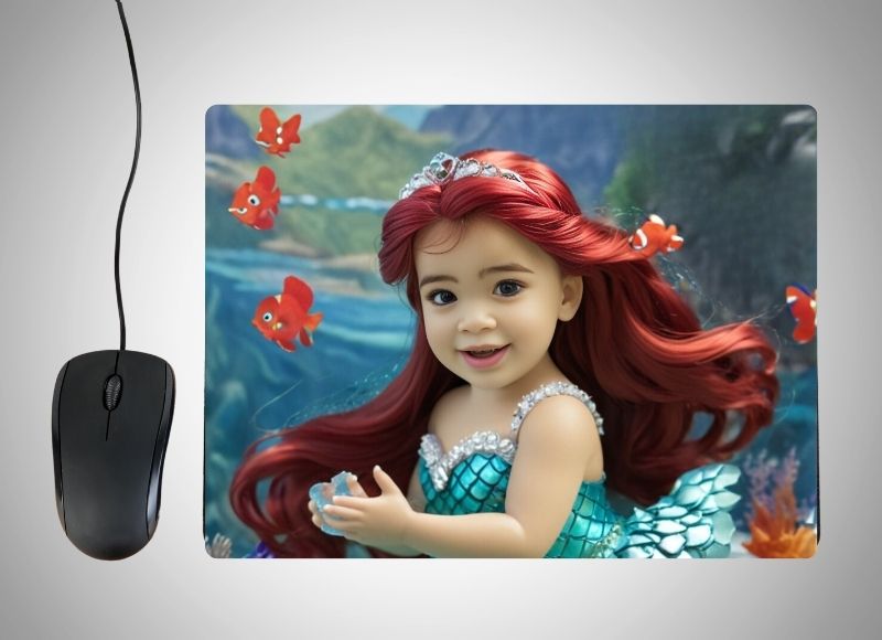 Example of how to upload a toddler girl's photo to create a personalized Mermaid portrait on a mouse mat featuring her as a beautiful mermaid, swimming through a colorful coral reef with sparkling fish and seashells