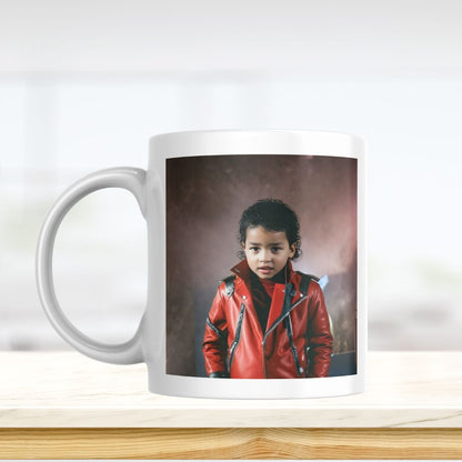 Example of how to upload a toddler boy's photo to create a personalized Michael Jackson portrait on a mug featuring him styled with the King of Pop's iconic look.