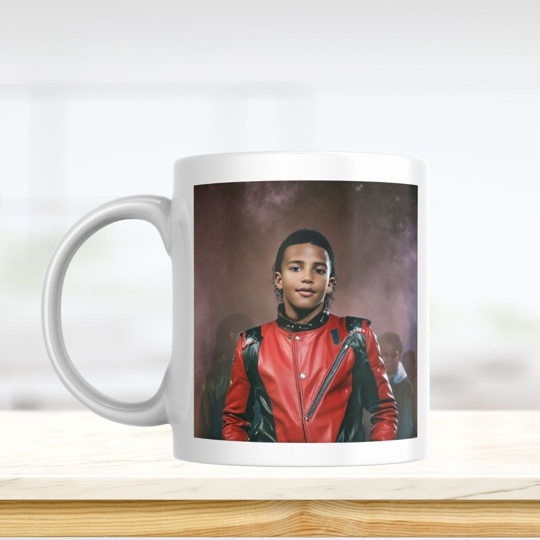 Example of how to upload a boy's photo to create a personalized Michael Jackson portrait on a mug featuring him styled with the King of Pop's iconic look.