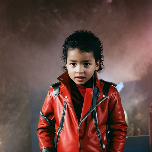 Personalized portrait of a toddler boy styled as Michael Jackson, posing with iconic attire and accessories.