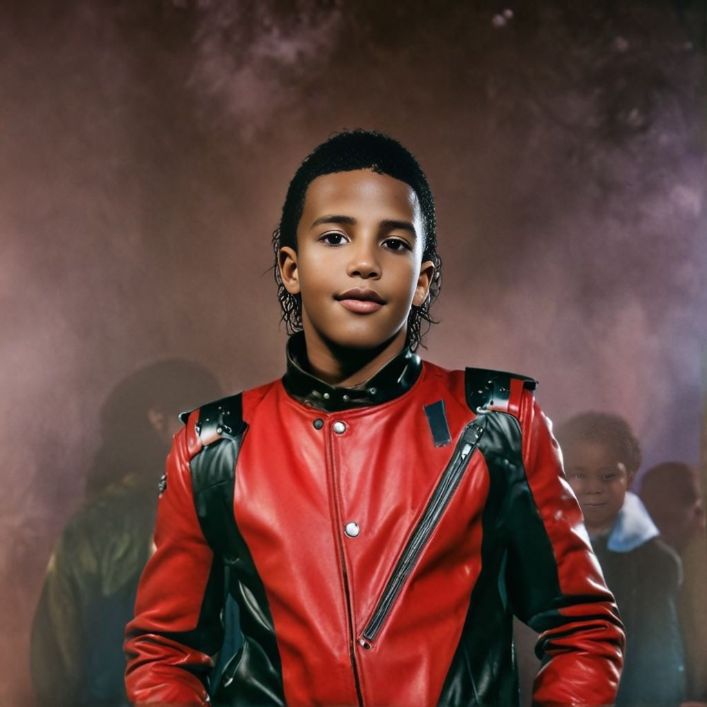 Personalized portrait of a boy styled as Michael Jackson, posing with iconic attire and accessories.