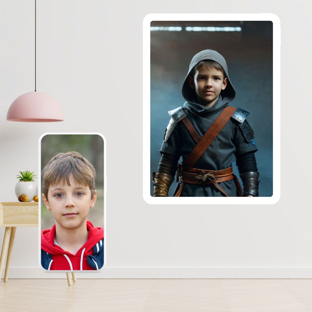 Example of how to upload a boy's photo to create a personalized ninja hero portrait on a canvas, featuring him dressed as a fearless ninja, ready to save the day.