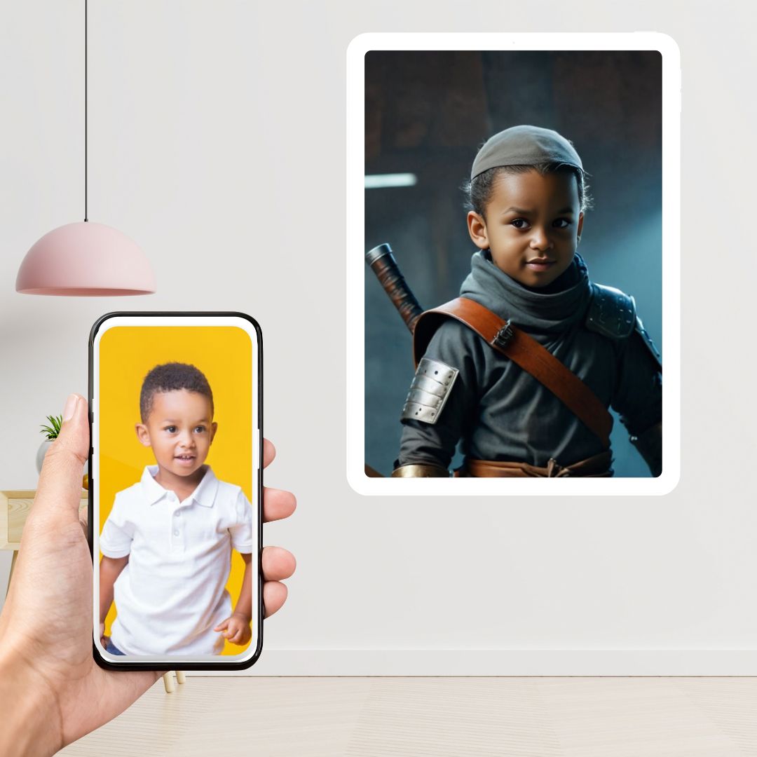 Example of how to upload a toddler boy's photo to create a personalized ninja hero portrait on a canvas, featuring him dressed as a fearless ninja, ready to save the day.