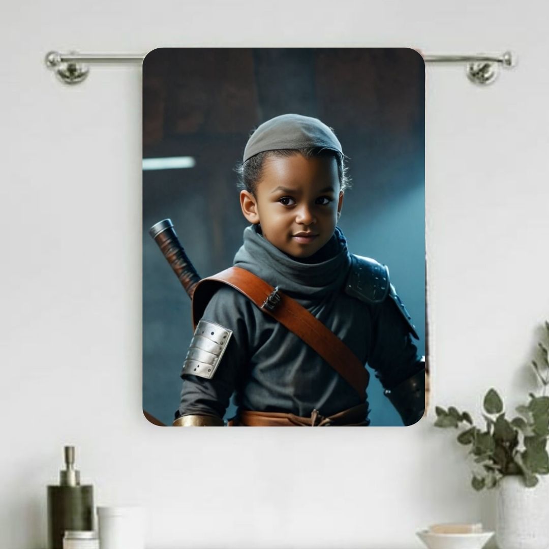 Example of how to upload a toddler boy's photo to create a personalized ninja hero portrait on a towel, featuring him dressed as a courageous ninja, ready for action