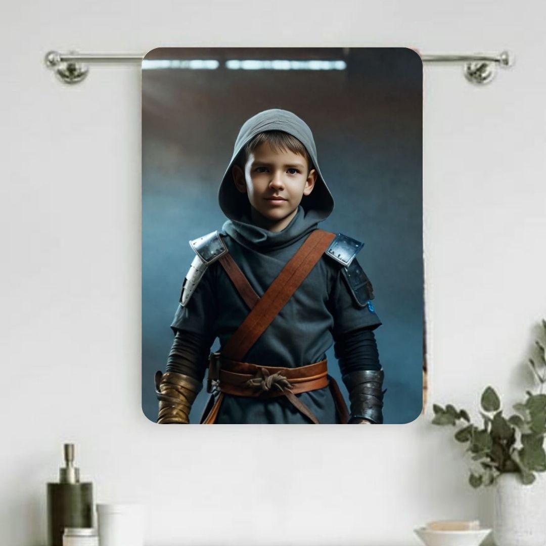 Example of how to upload a boy's photo to create a personalized ninja hero portrait on a towel, featuring him dressed as a courageous ninja, ready for action