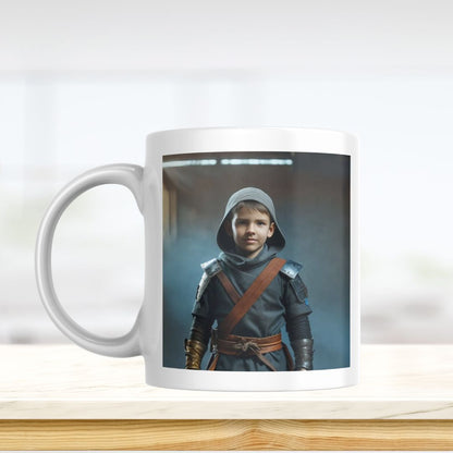 Example of how to upload a boy's photo to create a personalized ninja hero portrait on a mug, featuring him dressed as a brave ninja, ready for his next mission