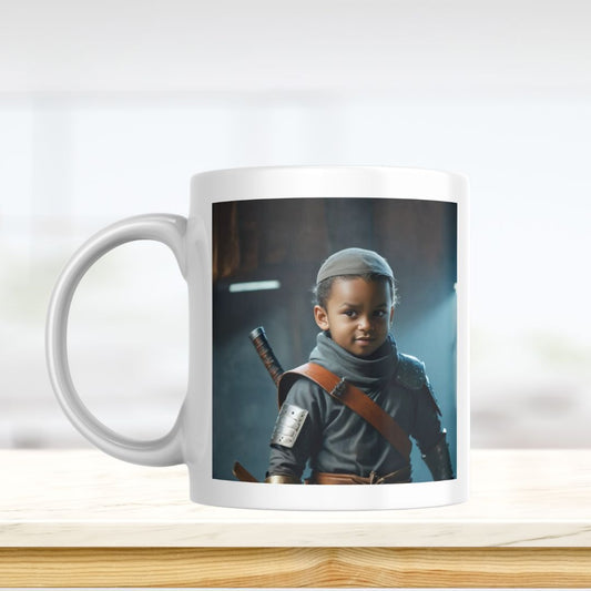 Example of how to upload a toddler boy's photo to create a personalized ninja hero portrait on a mug, featuring him dressed as a brave ninja, ready for his next mission