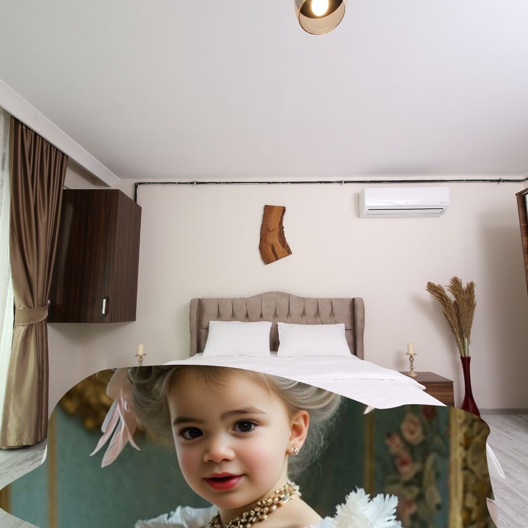 Example of how to upload a toddler girl's photo to create a personalized pink princess portrait on a blanket featuring her as a princess in a royal castle