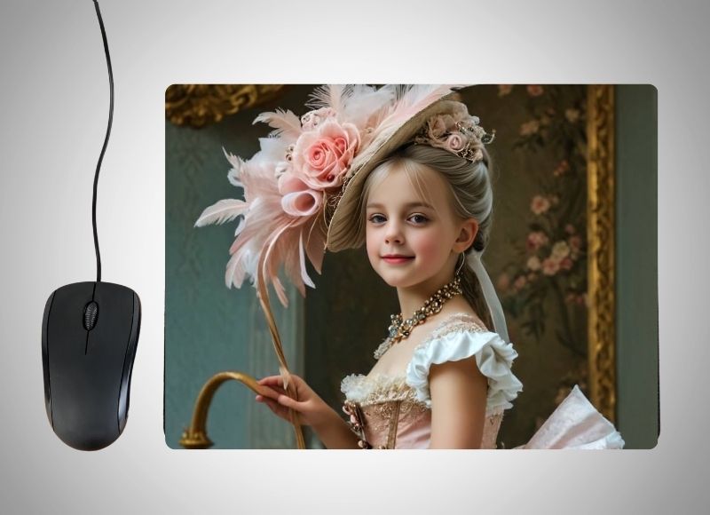 Example of how to upload a girl's photo to create a personalized Pink Princess portrait on a mouse mat featuring her as a royal princess in a pink gown, surrounded by castles, glittering tiaras, and magical fairytale elements