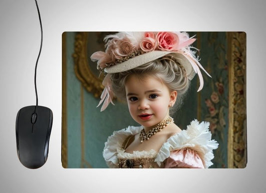 Example of how to upload a toddler girl's photo to create a personalized Pink Princess portrait on a mouse mat featuring her as a royal princess in a pink gown, surrounded by castles, glittering tiaras, and magical fairytale elements