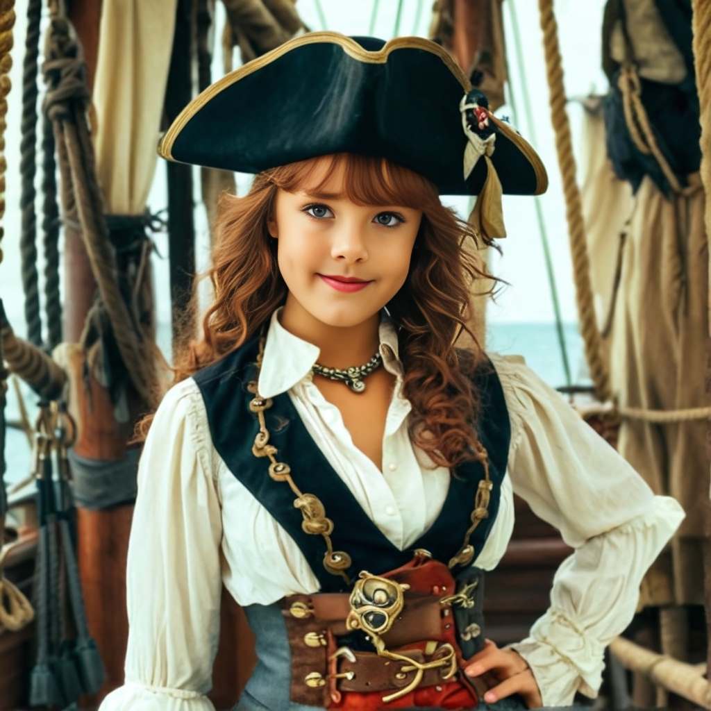 Personalized portrait of a girl dressed as a pirate on a ship deck.