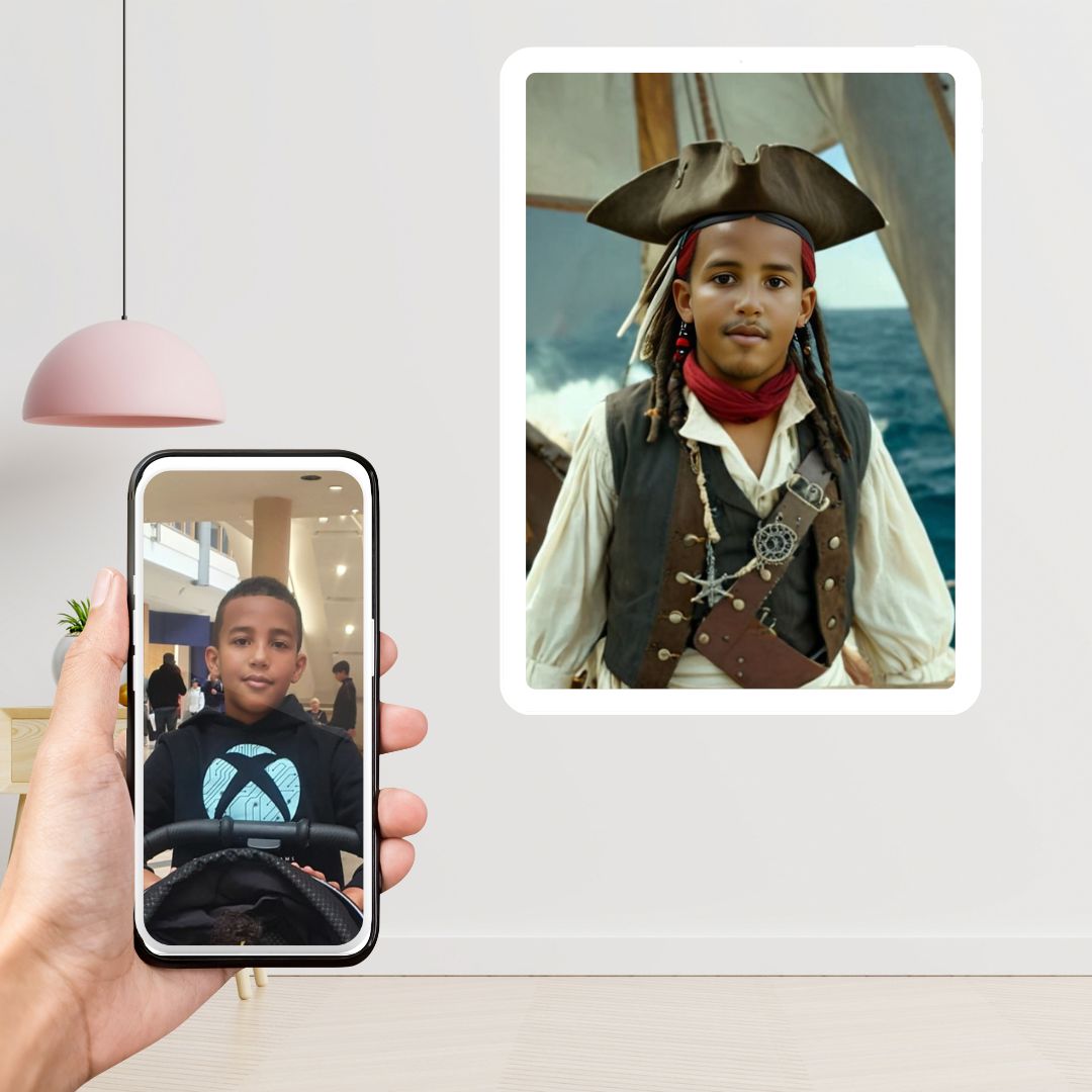 Example of how to upload a boy's photo to create a personalized pirate portrait on a canvas featuring him dressed as a pirate on a ship deck