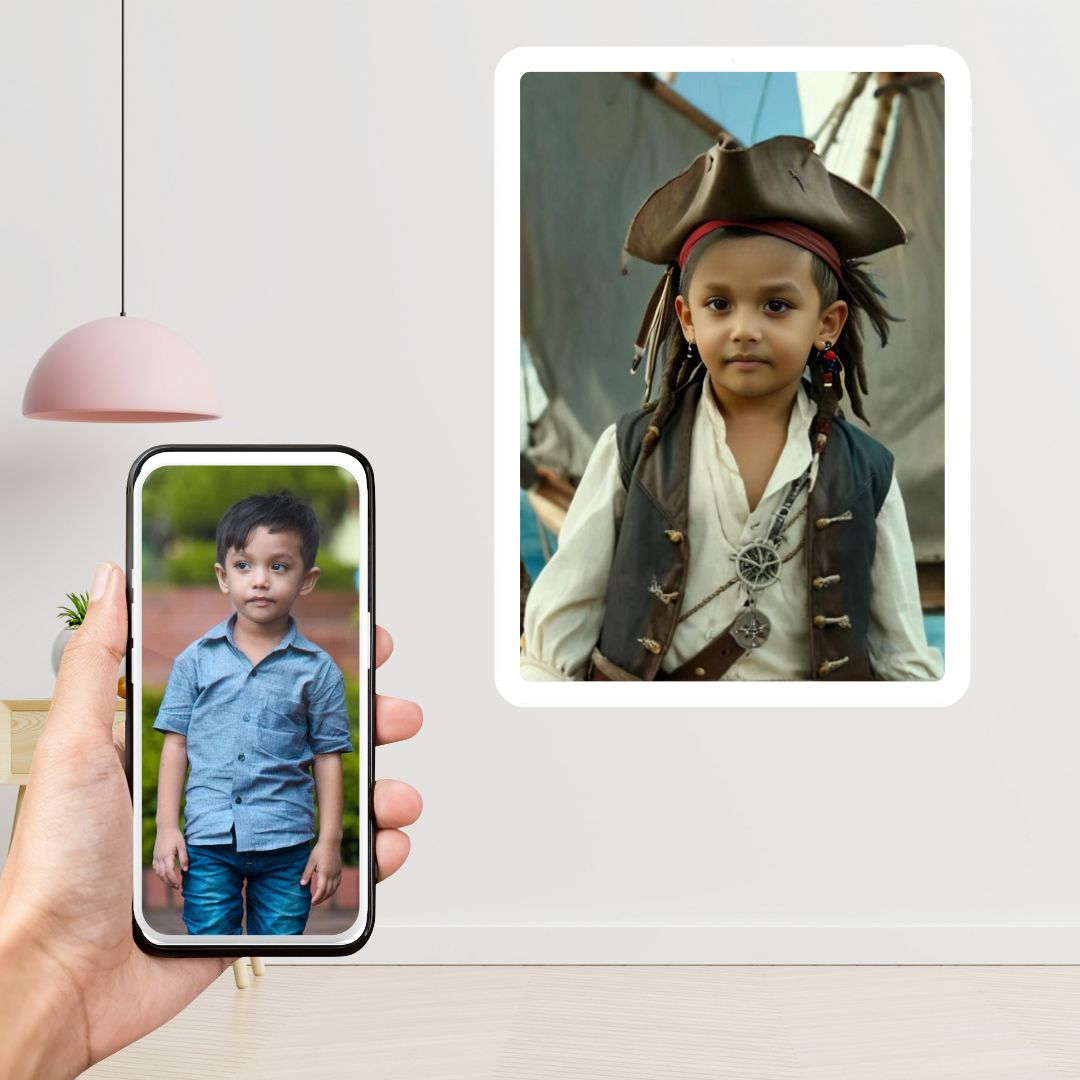 Example of how to upload a toddler boy's photo to create a personalized pirate portrait on a canvas featuring him dressed as a pirate on a ship deck