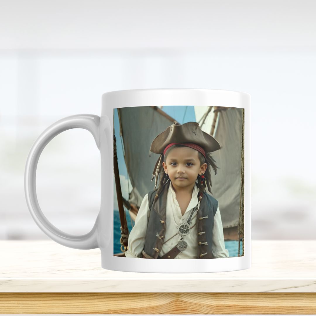 Example of how to upload a toddler boy's photo to create a personalized pirate portrait on a mug featuring him dressed as a pirate on a ship deck.