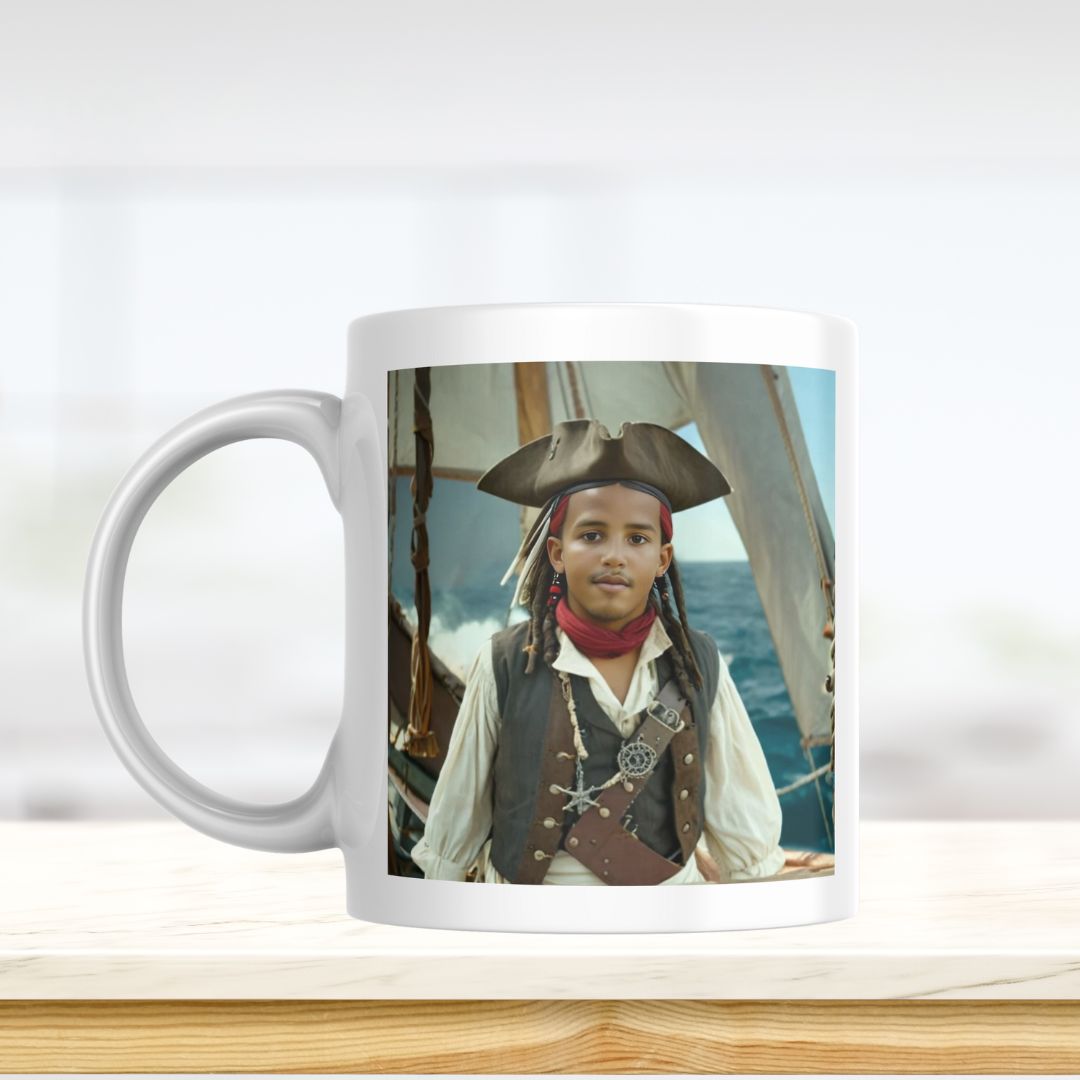 Example of how to upload a boy's photo to create a personalized pirate portrait on a mug featuring him dressed as a pirate on a ship deck.