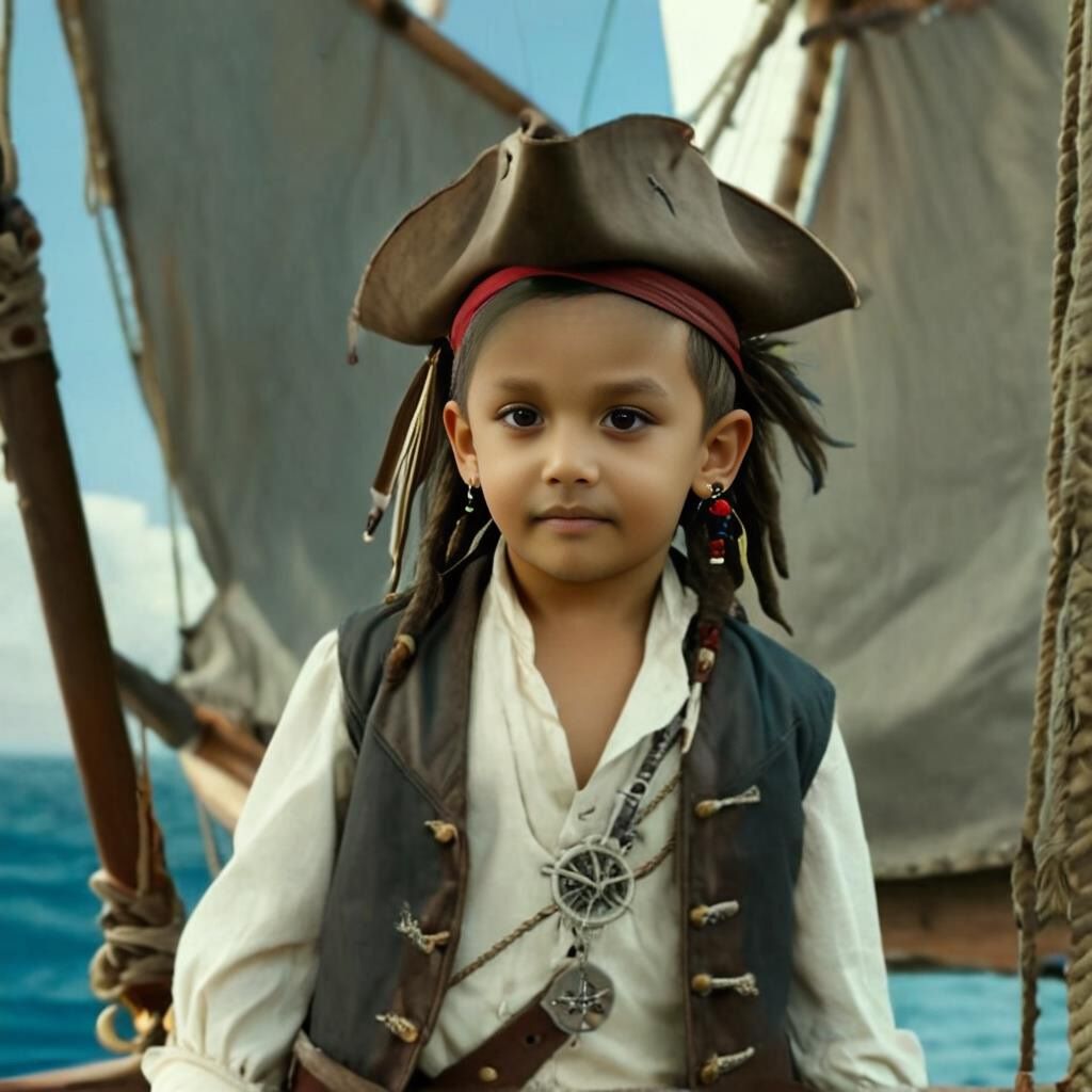 Personalized portrait of a toddler boy dressed as a pirate standing confidently on a ship deck