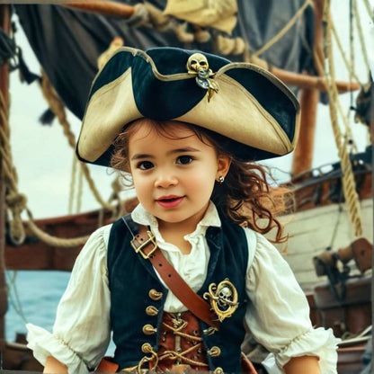 Personalized portrait of a toddler girl dressed as a pirate on a ship deck.