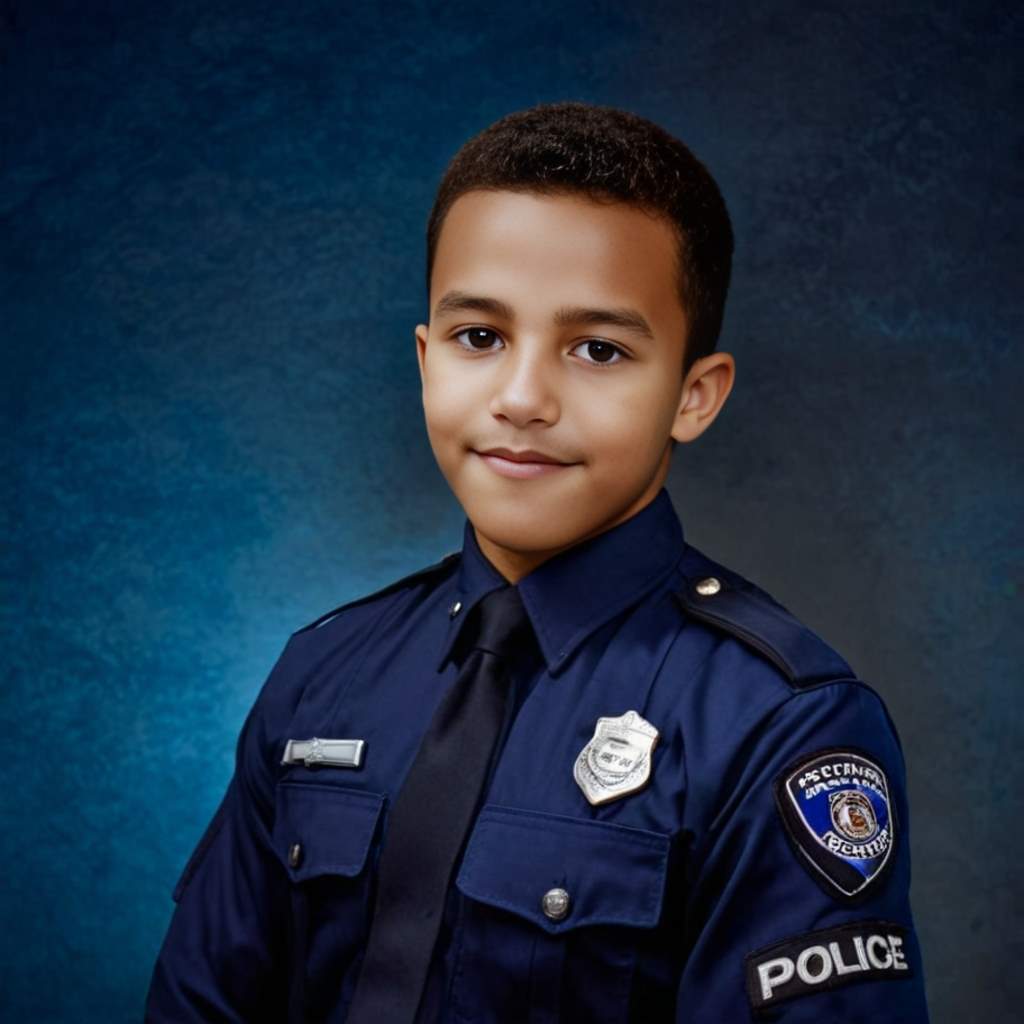 Personalized portrait of a boy dressed as a police officer, standing proudly in front of a police car.