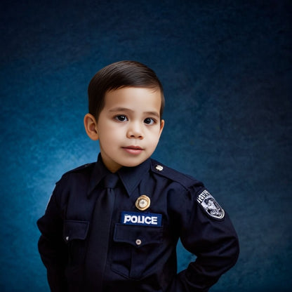 Personalized portrait of a toddler boy dressed as a police officer, standing proudly in front of a police car.