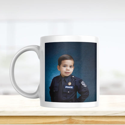 Example of how to upload a toddler boy's photo to create a personalized police officer portrait on a mug featuring him dressed as a police officer, proudly standing in front of a police car