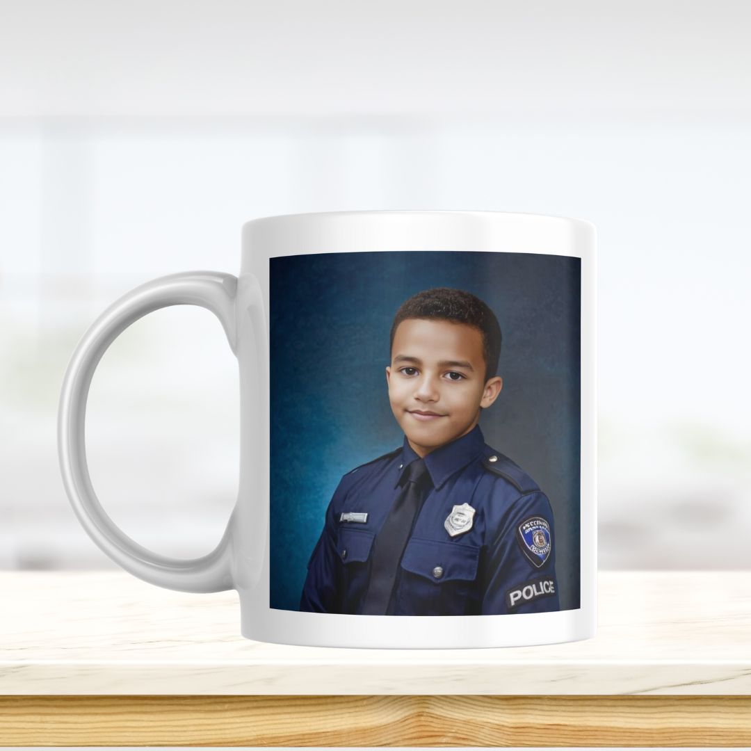 Example of how to upload a boy's photo to create a personalized police officer portrait on a mug featuring him dressed as a police officer, proudly standing in front of a police car