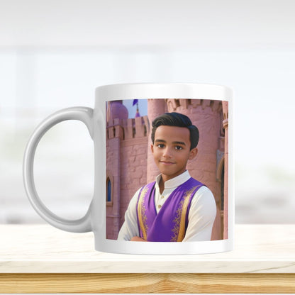 Example of how to upload a boy's photo to create a personalized portrait on a mug featuring him dressed as Prince Aladdin in a royal palace.