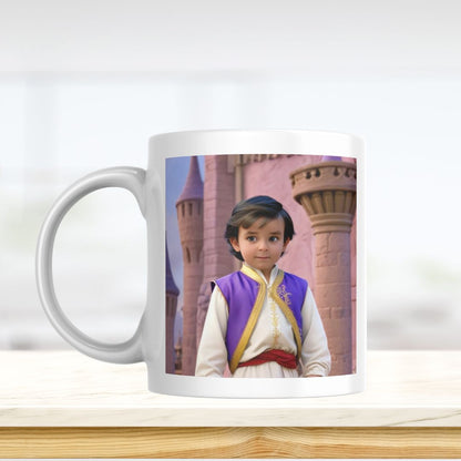 Example of how to upload a toddler boy's photo to create a personalized portrait on a mug featuring him dressed as Prince Aladdin in a royal palace.