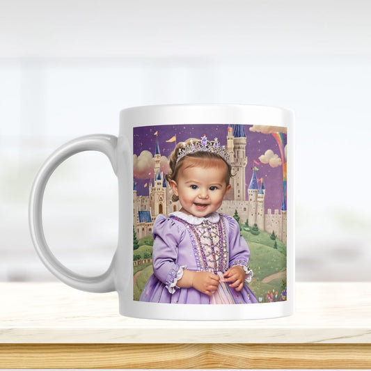 Example of how to upload a toddler girl's photo to create a personalized rainbow princess portrait on a mug featuring her dressed as a rainbow princess in a magical rainbow-themed setting.