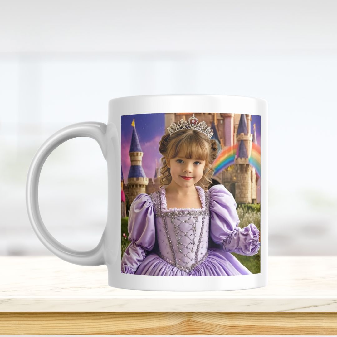 Example of how to upload a girl's photo to create a personalized rainbow princess portrait on a mug featuring her dressed as a rainbow princess in a magical rainbow-themed setting."