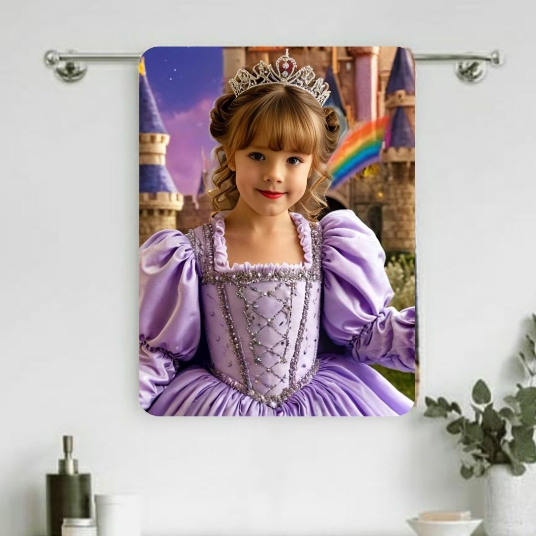 Example of how to upload a girl's photo to create a personalized rainbow princess portrait on a towel featuring her dressed as a rainbow princess in a magical rainbow-themed setting