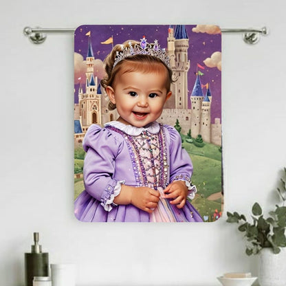 Example of how to upload a toddler girl's photo to create a personalized rainbow princess portrait on a towel featuring her dressed as a rainbow princess in a magical rainbow-themed setting