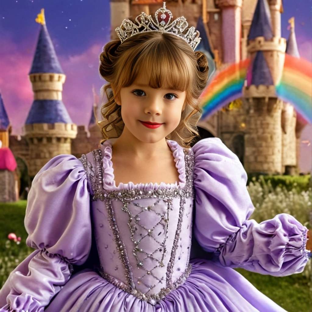 Personalized portrait of a toddler girl dressed as a rainbow princess in a magical rainbow-themed setting