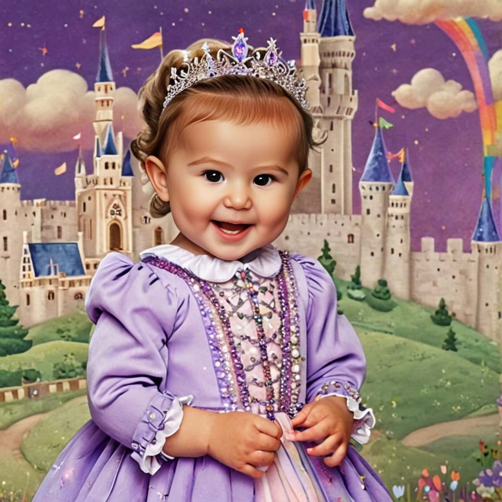 Personalized portrait of a toddler girl dressed as a rainbow princess in a magical rainbow-themed setting