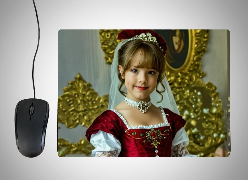 Example of how to upload a girl's photo to create a personalized Red Princess portrait on a mouse mat featuring her as a regal princess in a stunning red gown, with a royal castle and magical scenery in the background