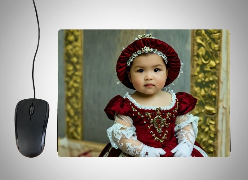 Example of how to upload a girl's photo to create a personalized Red Princess portrait on a mouse mat featuring her as a regal princess in a stunning red gown, with a royal castle and magical scenery in the background