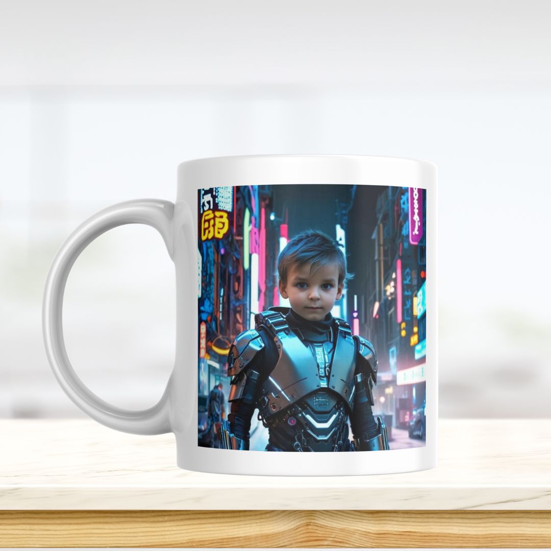 Example of how to upload a toddler boy's photo to create a personalized robot hero portrait on a mug featuring him as a robot hero in a futuristic city.