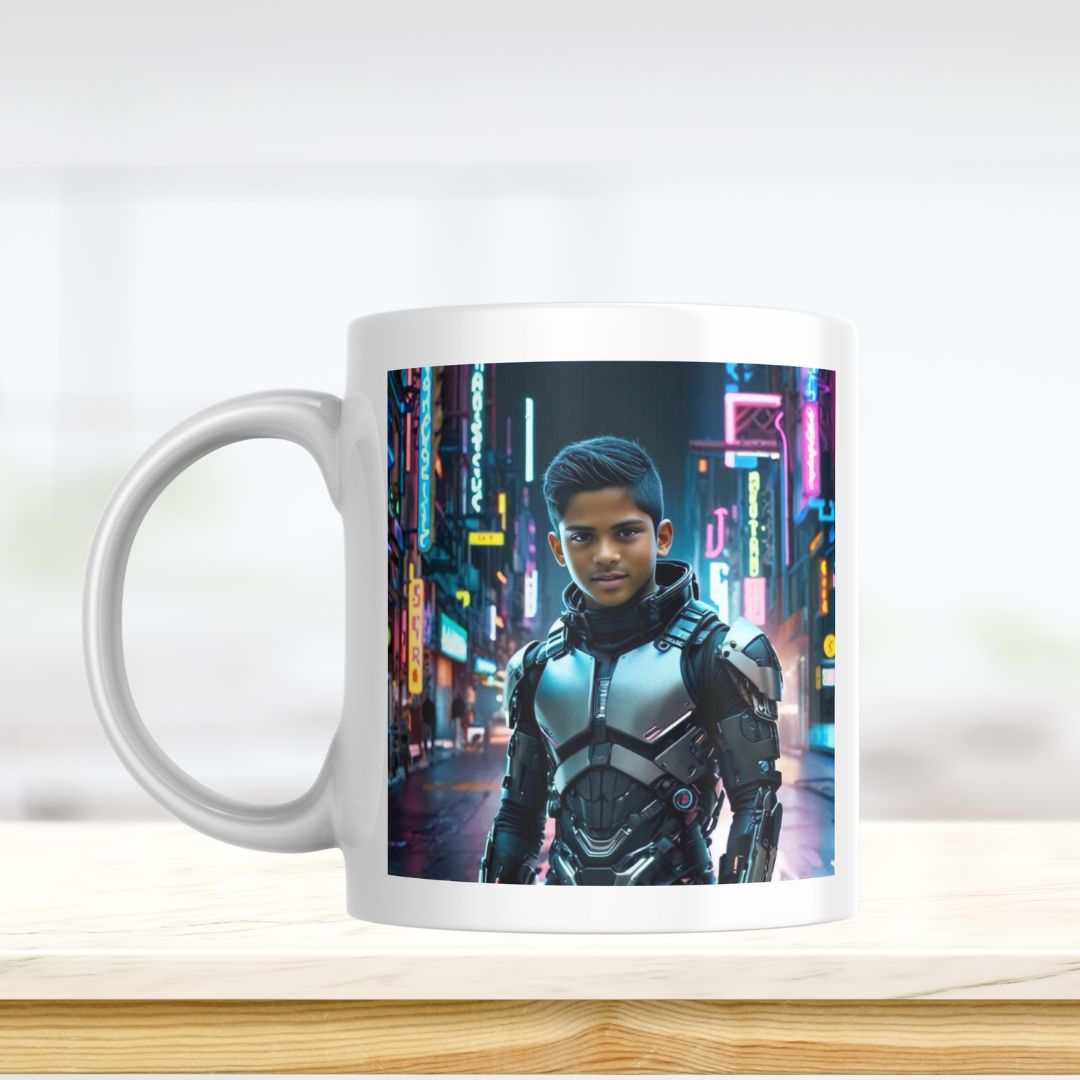 Example of how to upload boy's photo to create a personalized robot hero portrait on a mug featuring him as a robot hero in a futuristic city.