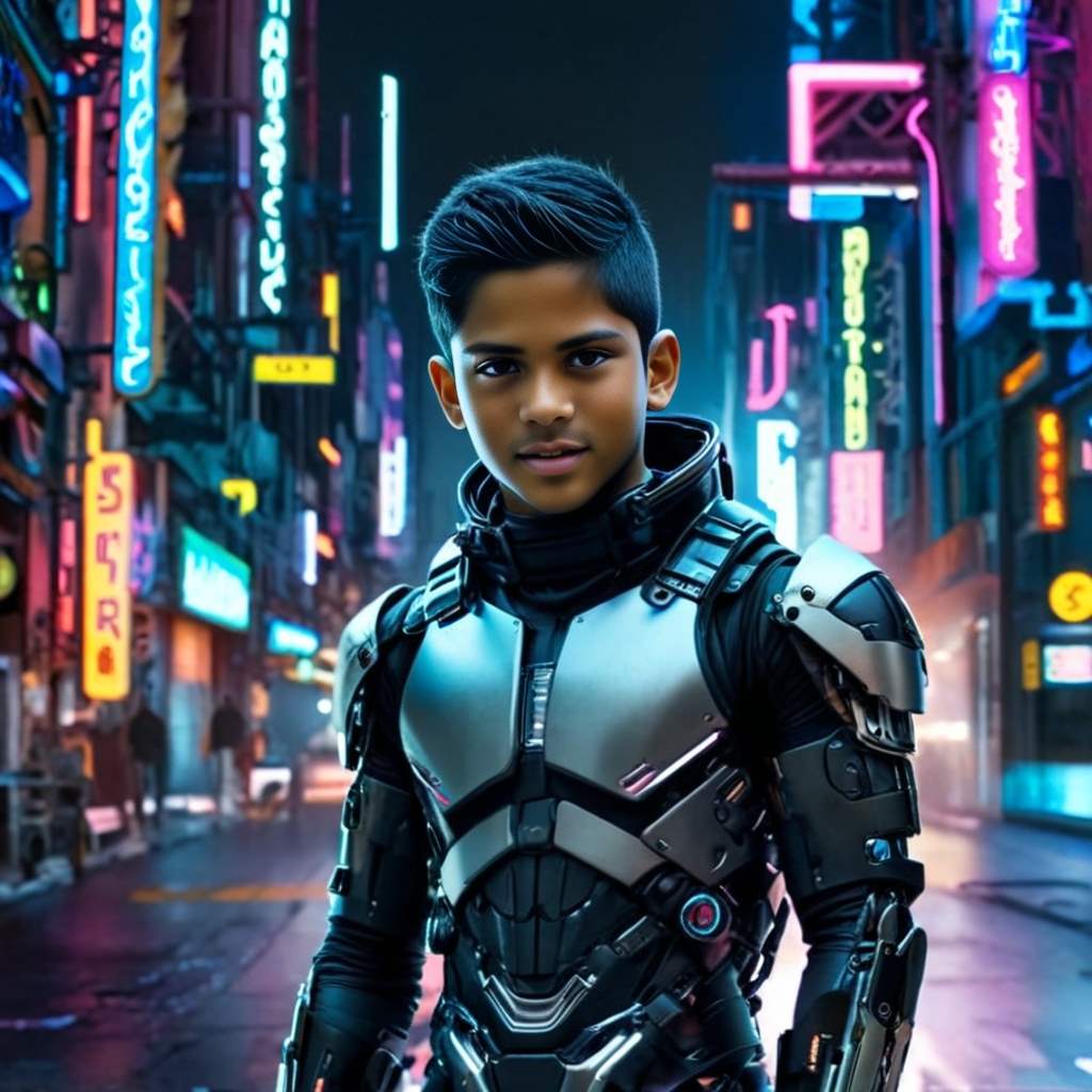 Personalized portrait of a boy transformed into a robot hero in a futuristic city