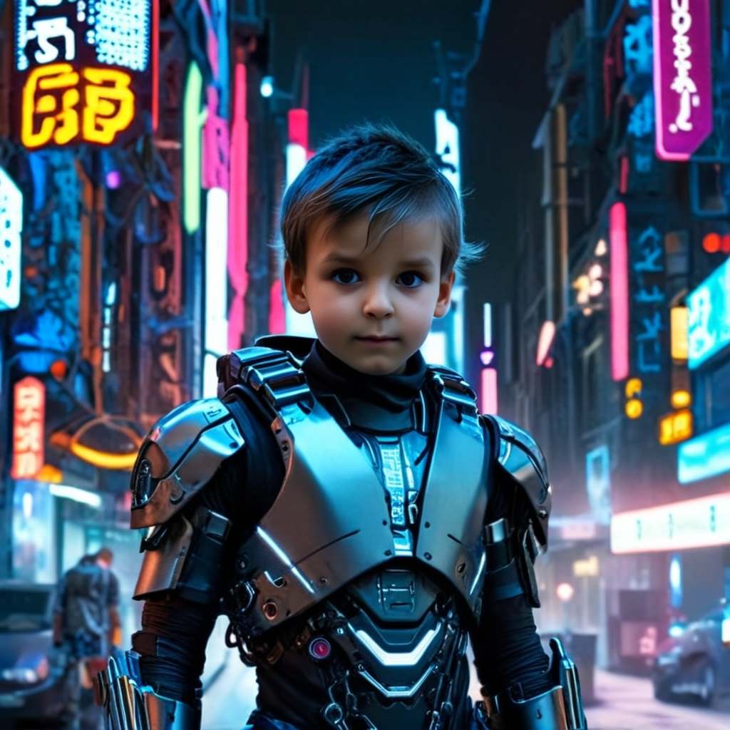 Personalized portrait of a toddler boy transformed into a robot hero in a futuristic city