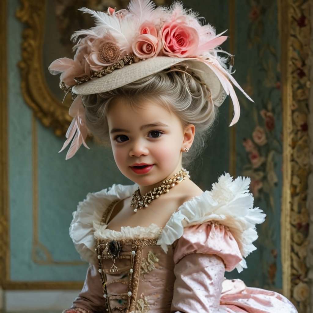 Personalized portrait of a toddler girl dressed as a pink princess in a royal castle setting.