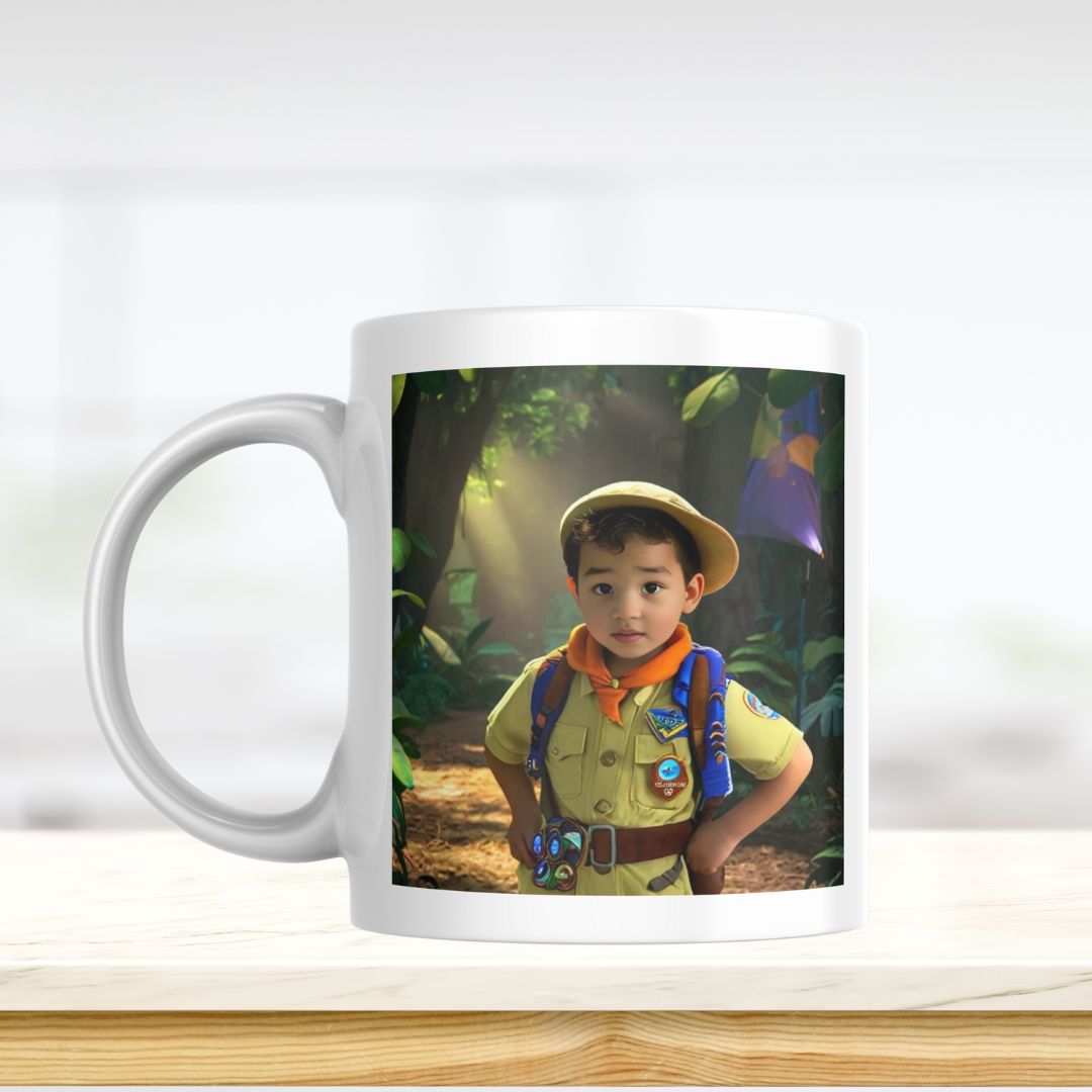 Example of how to upload a toddler boy's photo to create a personalized Russell cartoon portrait on a mug, featuring him dressed as an explorer with his backpack, ready for an adventure