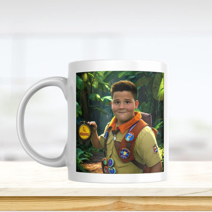 Example of how to upload a boy's photo to create a personalized Russell cartoon portrait on a mug, featuring him dressed as an explorer with his backpack, ready for an adventure