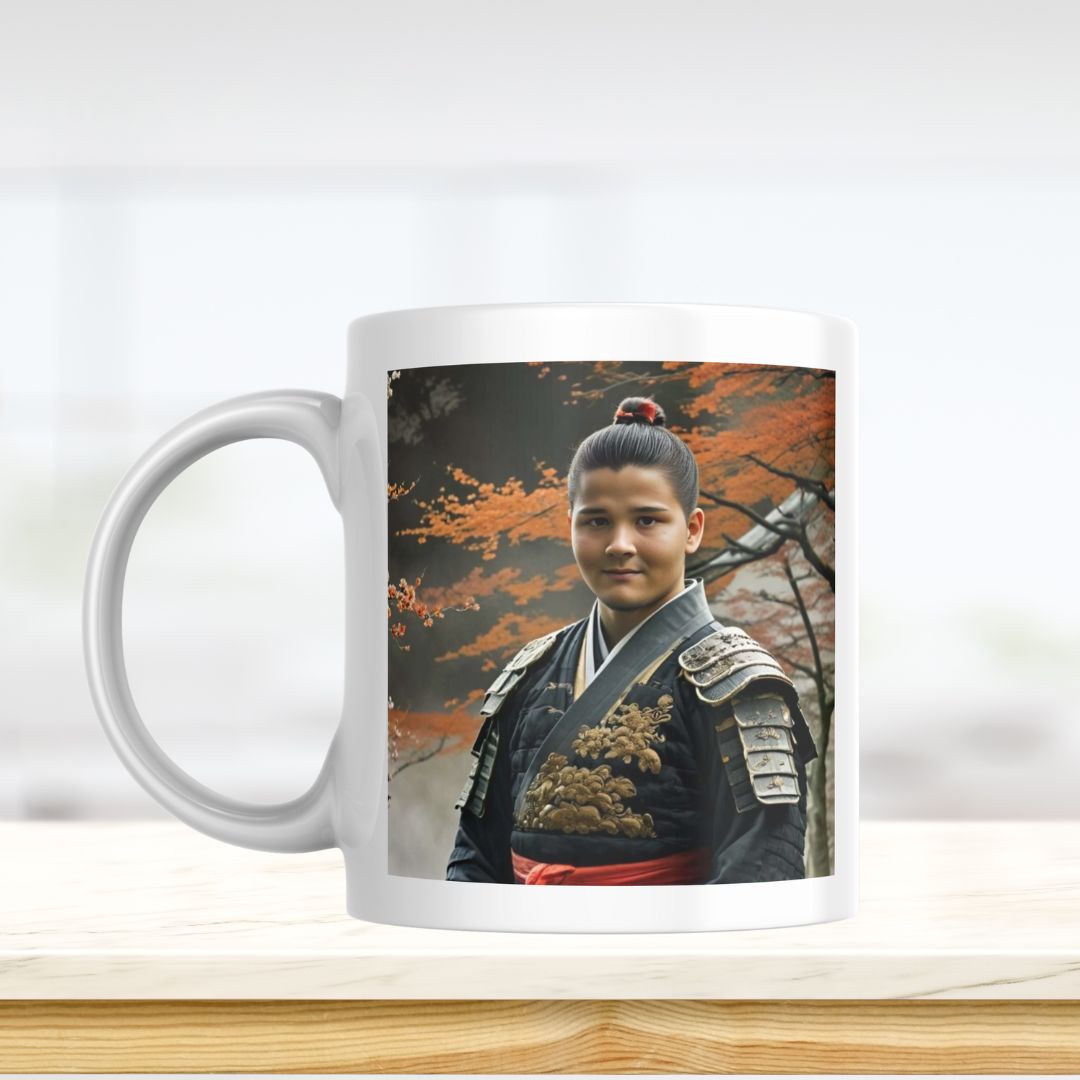 Example of how to upload a boy's photo to create a personalized samurai hero portrait on a mug, featuring him dressed in traditional samurai armor, ready to defend with his katana