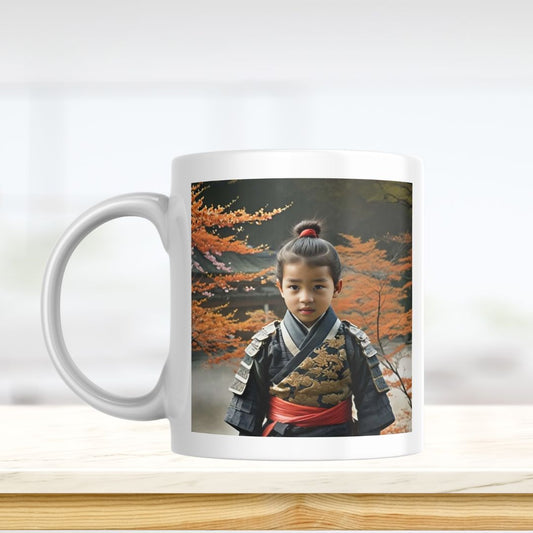 Example of how to upload a toddler boy's photo to create a personalized samurai hero portrait on a mug, featuring him dressed in traditional samurai armor, ready to defend with his katana