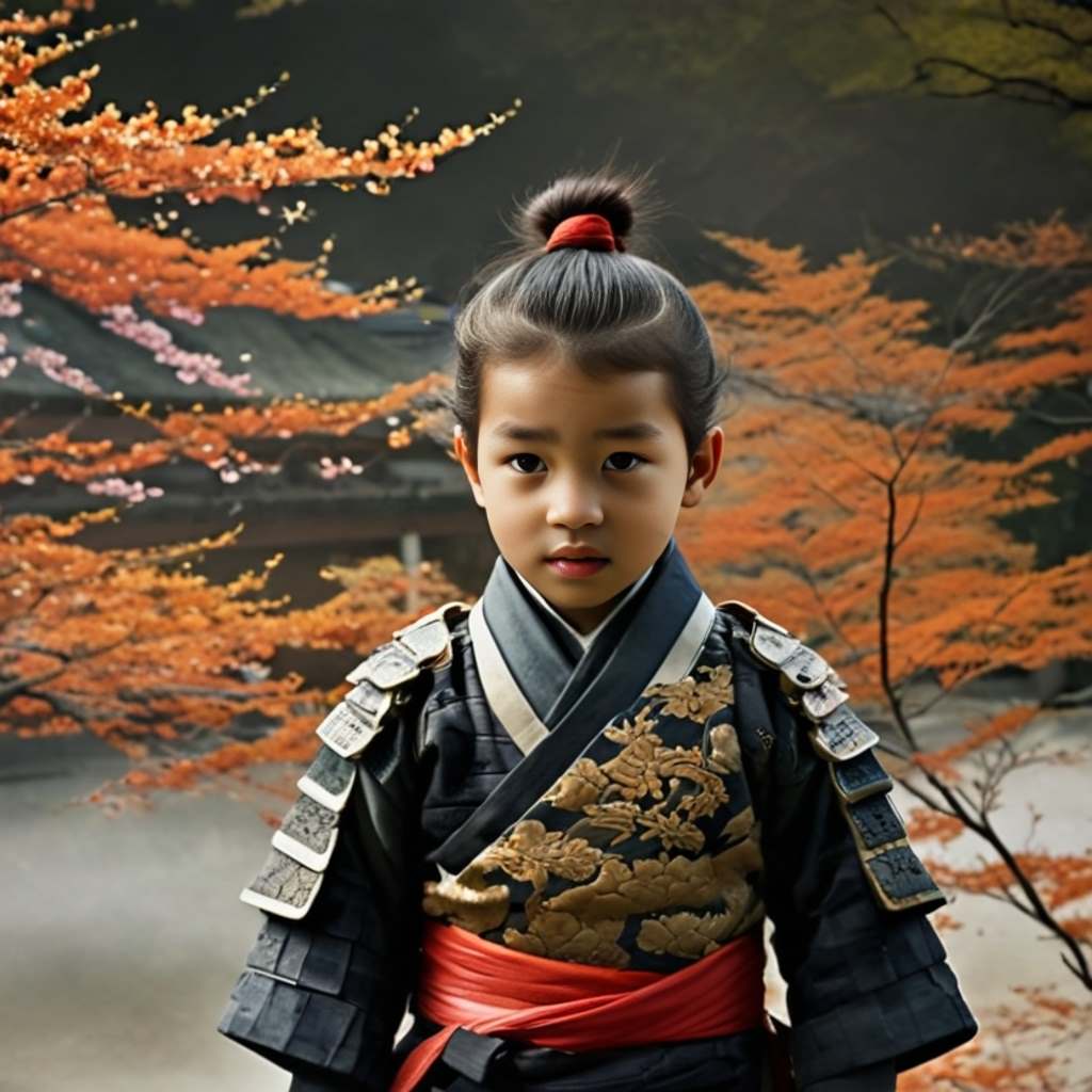 Personalized portrait of a toddler boy dressed as a samurai hero, ready for battle in traditional samurai armor with his katana by his side