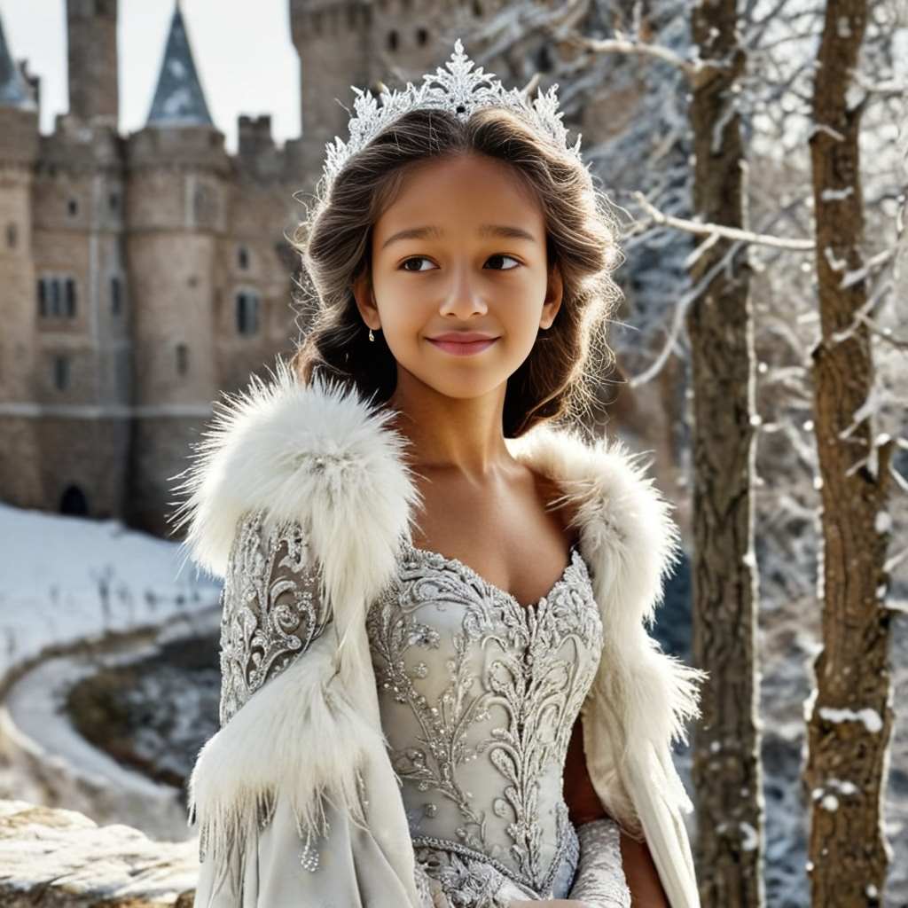 Personalized portrait of a girl dressed as a snow princess in a snowy, magical winter wonderland.