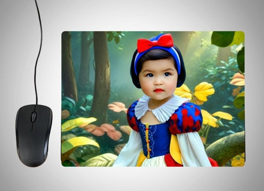 Example of how to upload a toddler girl's photo to create a personalized Snow White Princess portrait on a mouse mat featuring her in a classic Snow White dress, surrounded by forest animals and a fairytale woodland background