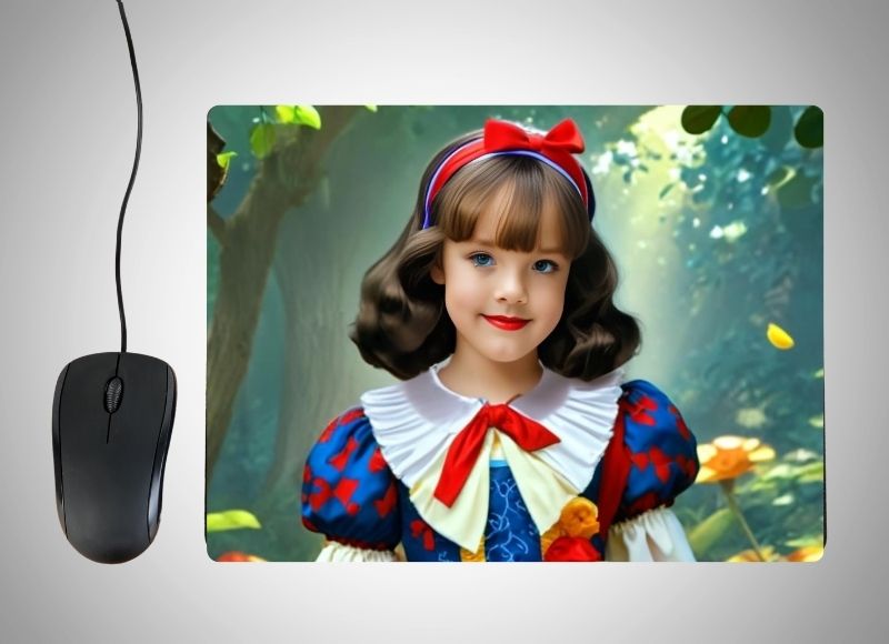 Example of how to upload a girl's photo to create a personalized Snow White Princess portrait on a mouse mat featuring her in a classic Snow White dress, surrounded by forest animals and a fairytale woodland background