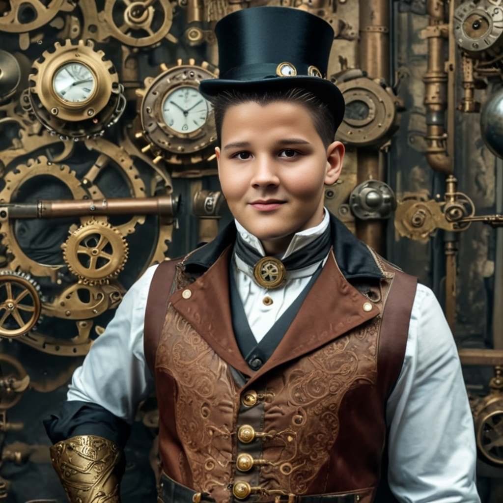 Personalized portrait of a boy dressed in steampunk gear, ready for an adventure with gears and goggles